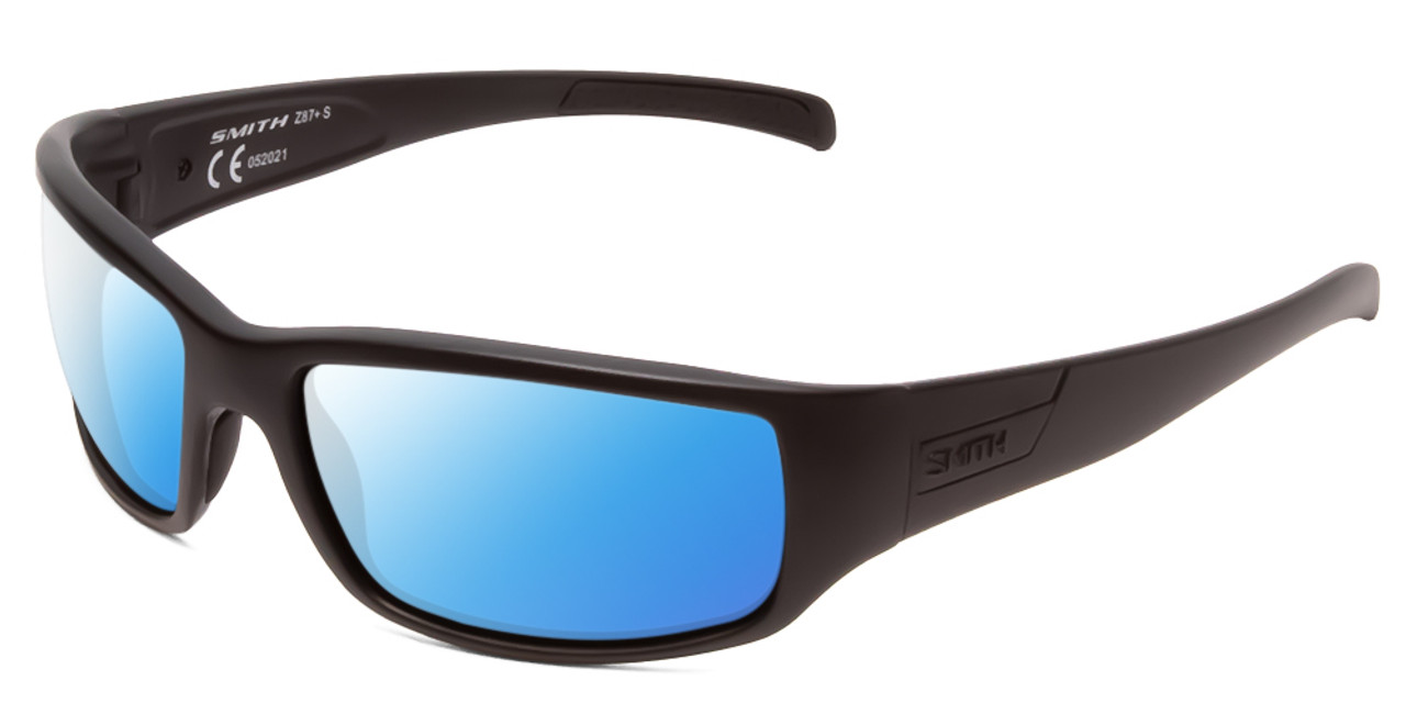 Profile View of Smith Optics Prospect Elite Designer Polarized Sunglasses with Custom Cut Blue Mirror Lenses in Black Unisex Wrap Full Rim Acetate 60 mm