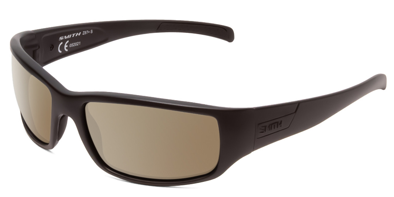 Profile View of Smith Optics Prospect Elite Designer Polarized Sunglasses with Custom Cut Amber Brown Lenses in Black Unisex Wrap Full Rim Acetate 60 mm