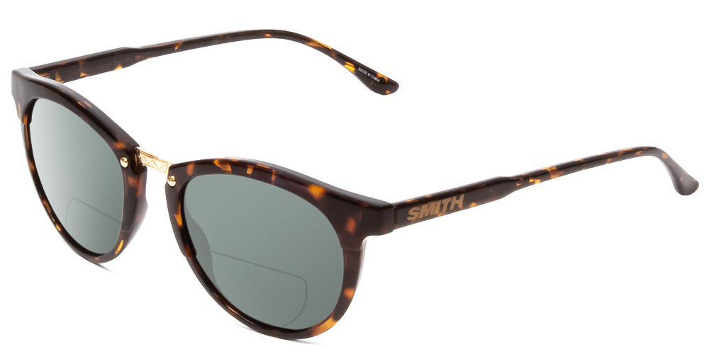 Profile View of Smith Optics Questa Designer Polarized Reading Sunglasses with Custom Cut Powered Smoke Grey Lenses in Vintage Tortoise Havana Brown Gold Ladies Round Full Rim Acetate 50 mm
