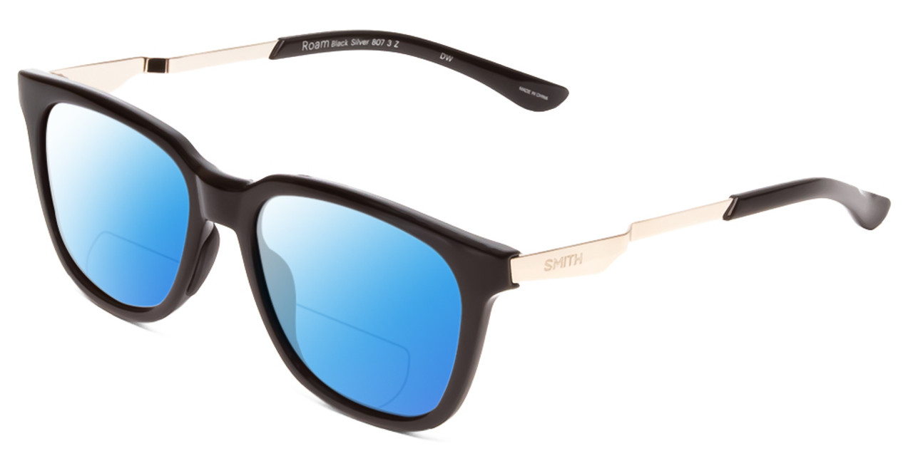 Profile View of Smith Optics Roam Designer Polarized Reading Sunglasses with Custom Cut Powered Blue Mirror Lenses in Gloss Black Silver Unisex Classic Full Rim Acetate 53 mm