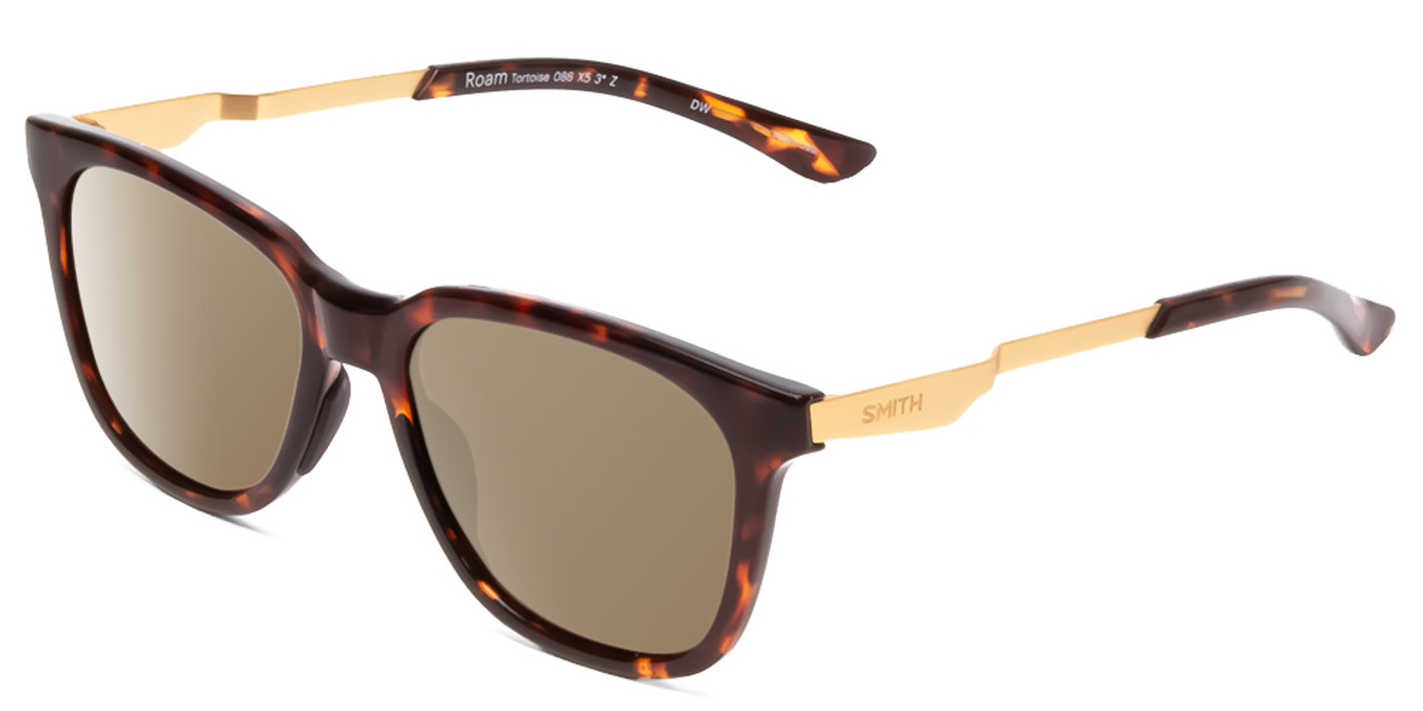 Profile View of Smith Optics Roam Designer Polarized Sunglasses with Custom Cut Amber Brown Lenses in Tortoise Havana Gold Unisex Classic Full Rim Acetate 53 mm