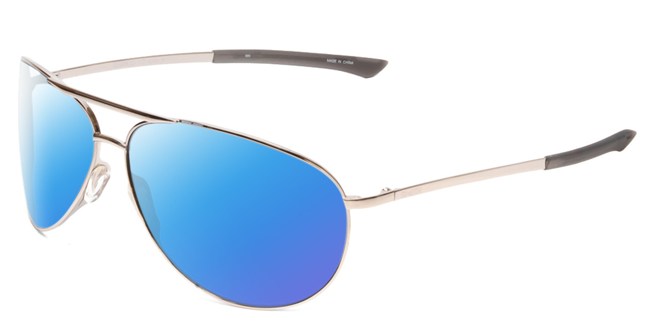 Profile View of Smith Optics Serpico 2 Designer Polarized Sunglasses with Custom Cut Blue Mirror Lenses in Silver Black Unisex Pilot Full Rim Metal 65 mm
