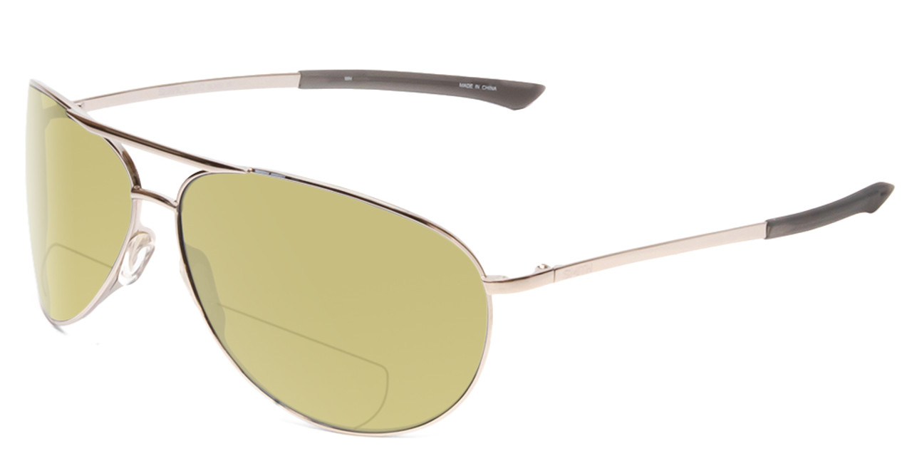 Profile View of Smith Optics Serpico 2 Designer Polarized Reading Sunglasses with Custom Cut Powered Sun Flower Yellow Lenses in Silver Black Unisex Pilot Full Rim Metal 65 mm