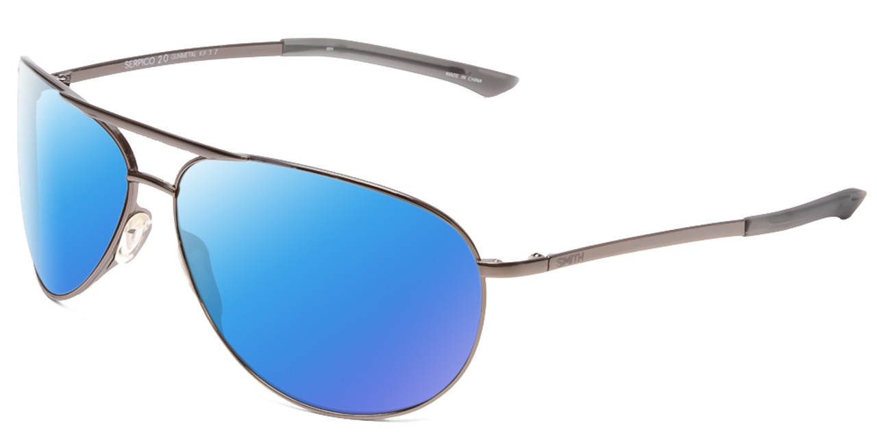 Profile View of Smith Optics Serpico Slim 2 Designer Polarized Sunglasses with Custom Cut Blue Mirror Lenses in Gun Metal Silver Black Unisex Pilot Full Rim Metal 65 mm