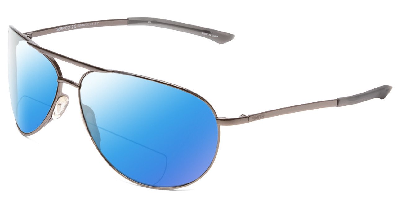 Profile View of Smith Optics Serpico Slim 2 Designer Polarized Reading Sunglasses with Custom Cut Powered Blue Mirror Lenses in Gun Metal Silver Black Unisex Pilot Full Rim Metal 65 mm