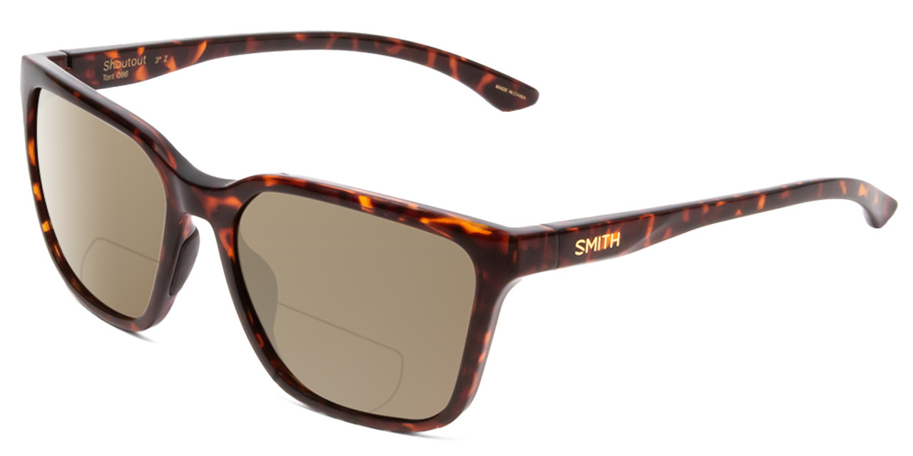 Profile View of Smith Optics Shoutout Designer Polarized Reading Sunglasses with Custom Cut Powered Amber Brown Lenses in Tortoise Havana Gold Unisex Retro Full Rim Acetate 57 mm