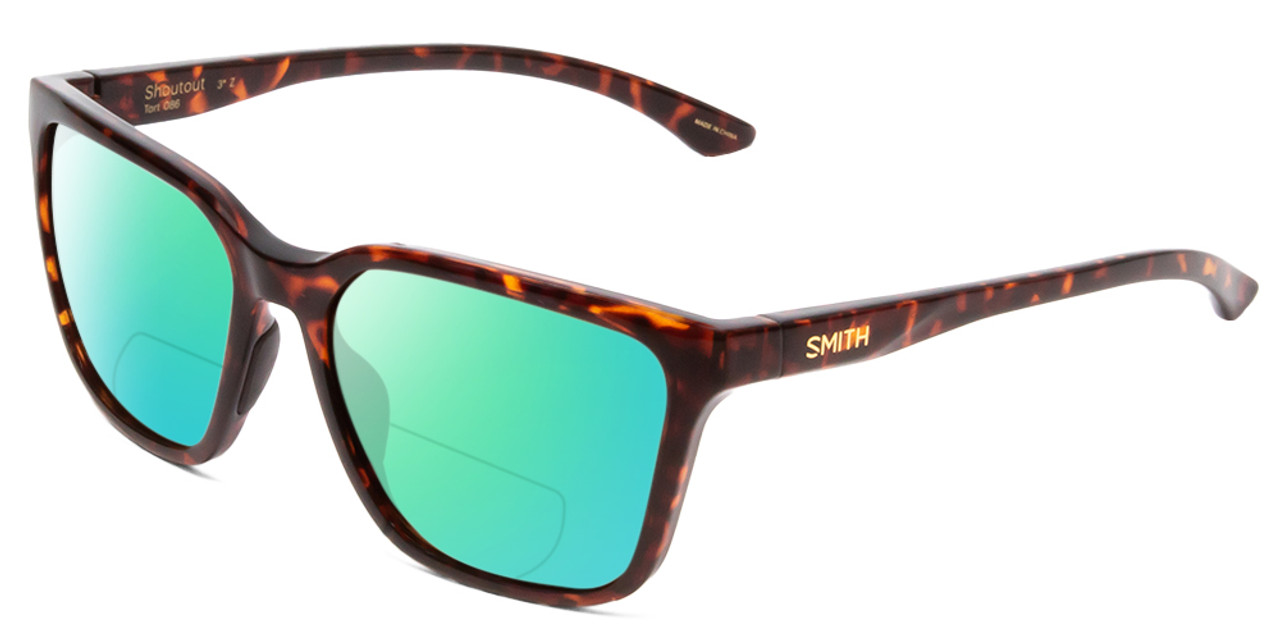 Profile View of Smith Optics Shoutout Designer Polarized Reading Sunglasses with Custom Cut Powered Green Mirror Lenses in Tortoise Havana Gold Unisex Retro Full Rim Acetate 57 mm
