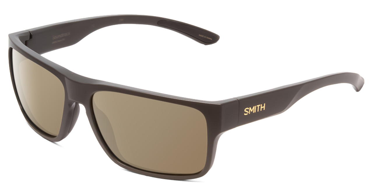 Profile View of Smith Optics Soundtrack Designer Polarized Sunglasses with Custom Cut Amber Brown Lenses in Matte Gravy Grey Unisex Rectangle Full Rim Acetate 61 mm