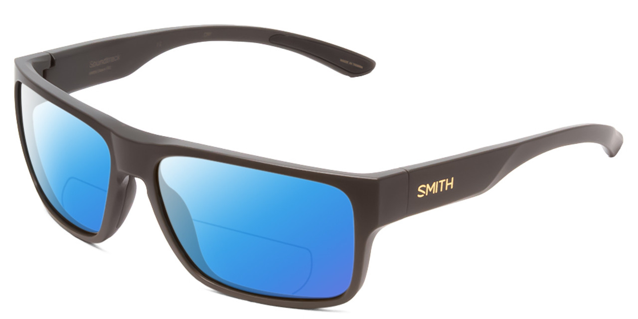 Profile View of Smith Optics Soundtrack Designer Polarized Reading Sunglasses with Custom Cut Powered Blue Mirror Lenses in Matte Gravy Grey Unisex Rectangle Full Rim Acetate 61 mm
