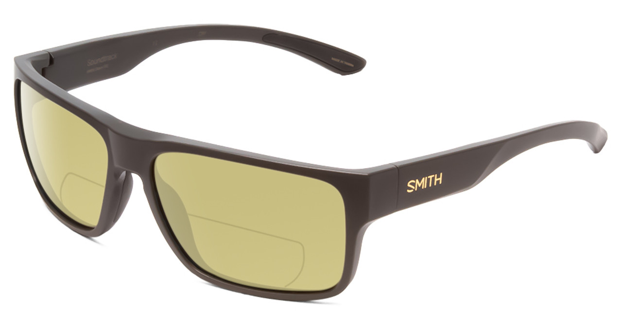 Profile View of Smith Optics Soundtrack Designer Polarized Reading Sunglasses with Custom Cut Powered Sun Flower Yellow Lenses in Matte Gravy Grey Unisex Rectangle Full Rim Acetate 61 mm