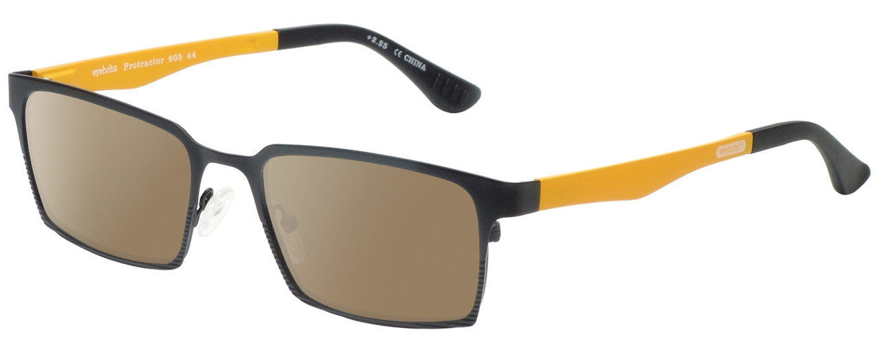 Profile View of Eyebobs Protractor Designer Polarized Sunglasses with Custom Cut Amber Brown Lenses in Gun Metal Black Mustard Yellow Unisex Square Full Rim Metal 54 mm