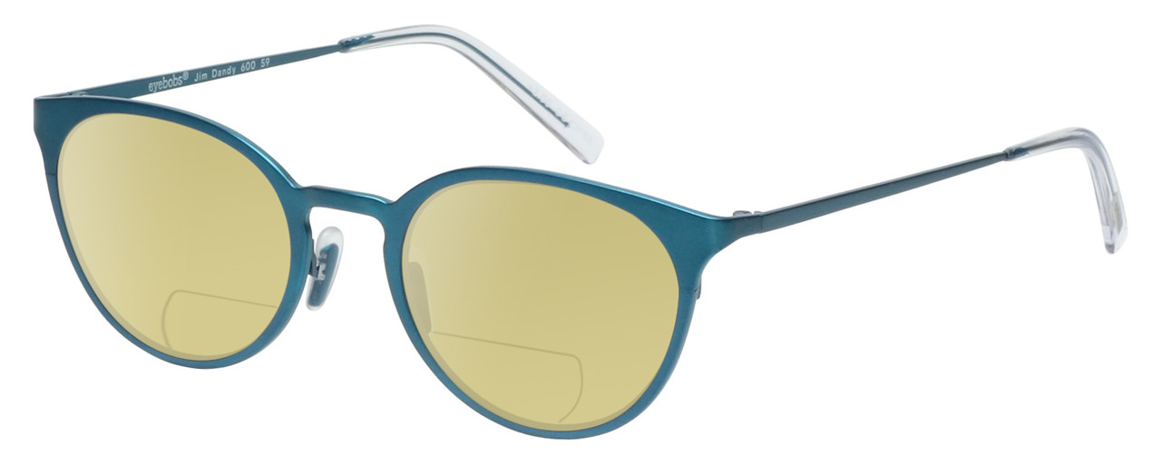 Profile View of Eyebobs Jim Dandy Designer Polarized Reading Sunglasses with Custom Cut Powered Sun Flower Yellow Lenses in Satin Teal Blue Crystal Unisex Round Full Rim Metal 50 mm