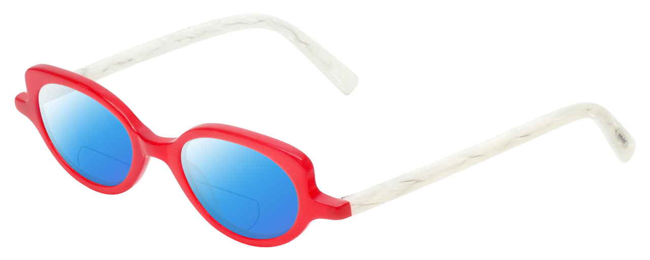 Profile View of Eyebobs Peep Show Designer Polarized Reading Sunglasses with Custom Cut Powered Blue Mirror Lenses in Red Crystal White Marble Ladies Cateye Full Rim Acetate 46 mm