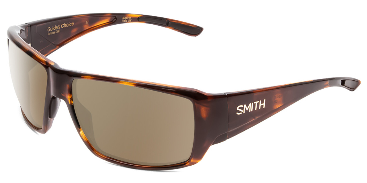 Profile View of Smith Optics Guides Choice Designer Polarized Sunglasses with Custom Cut Amber Brown Lenses in Tortoise Havana Brown Gold Mens Wrap Full Rim Acetate 62 mm