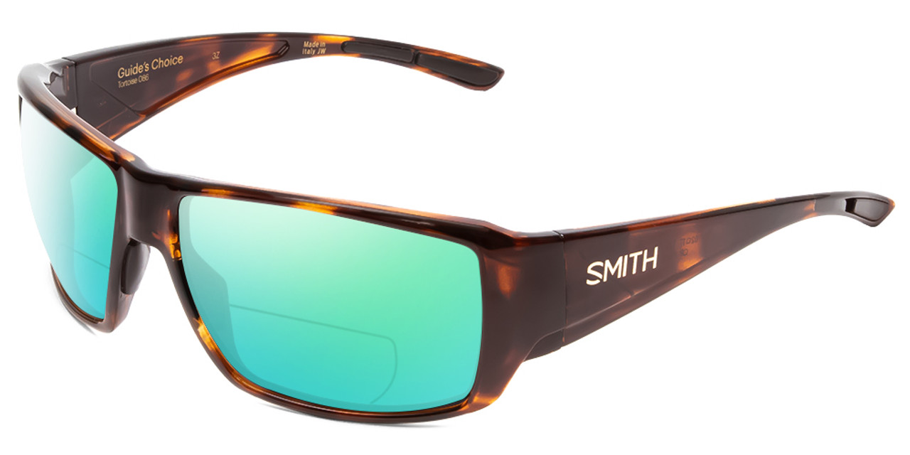 Profile View of Smith Optics Guides Choice Designer Polarized Reading Sunglasses with Custom Cut Powered Green Mirror Lenses in Tortoise Havana Brown Gold Mens Wrap Full Rim Acetate 62 mm