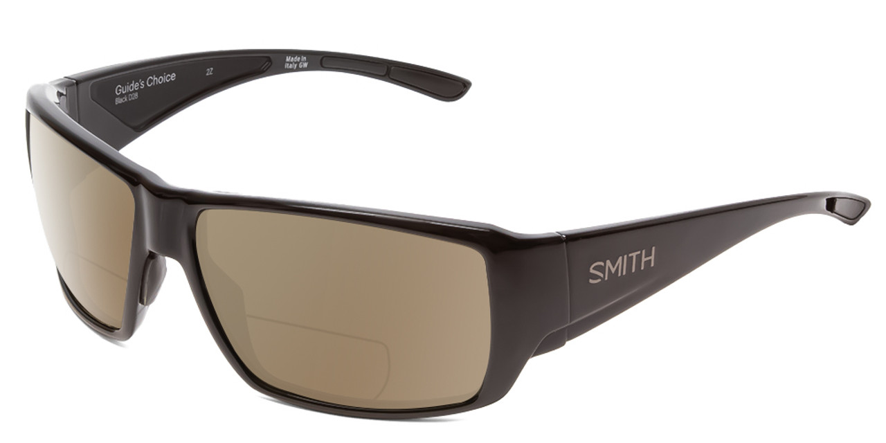 Profile View of Smith Optics Guides Choice Designer Polarized Reading Sunglasses with Custom Cut Powered Amber Brown Lenses in Gloss Black Mens Wrap Full Rim Acetate 62 mm