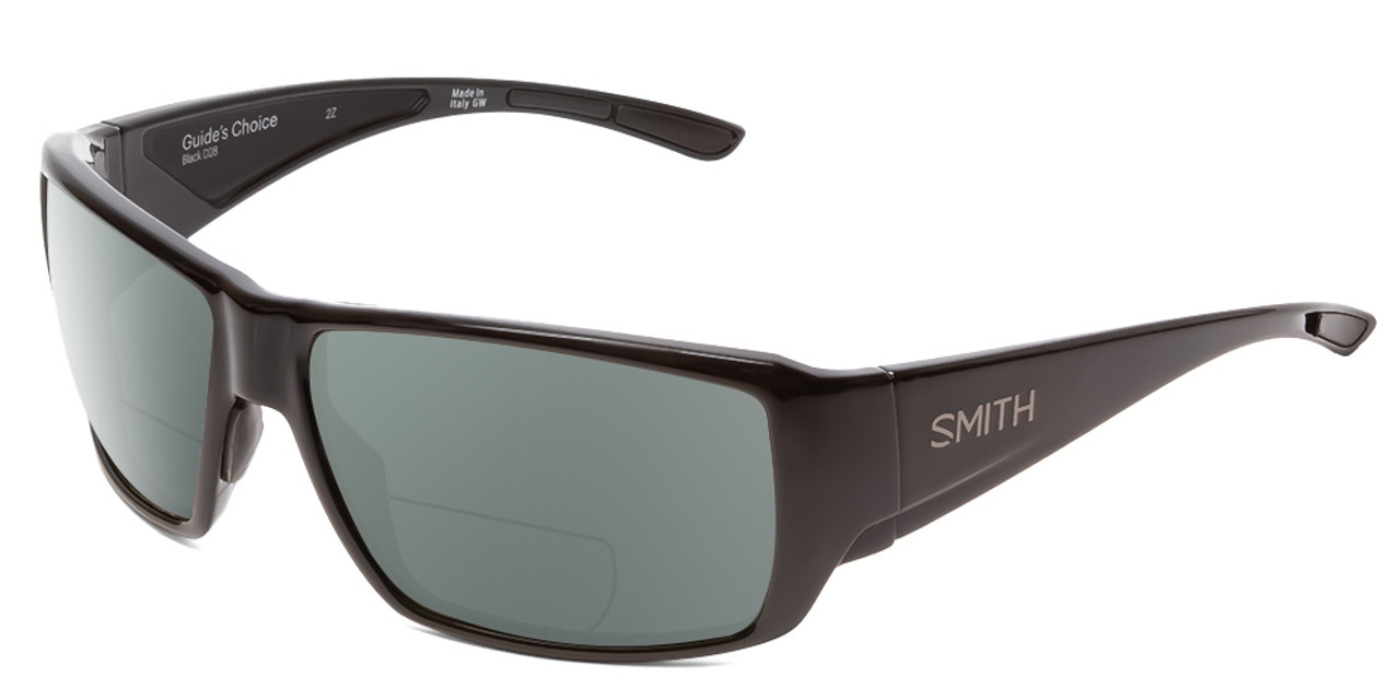 Profile View of Smith Optics Guides Choice Designer Polarized Reading Sunglasses with Custom Cut Powered Smoke Grey Lenses in Gloss Black Mens Wrap Full Rim Acetate 62 mm