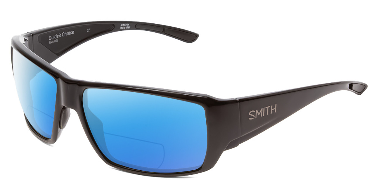 Profile View of Smith Optics Guides Choice Designer Polarized Reading Sunglasses with Custom Cut Powered Blue Mirror Lenses in Gloss Black Mens Wrap Full Rim Acetate 62 mm