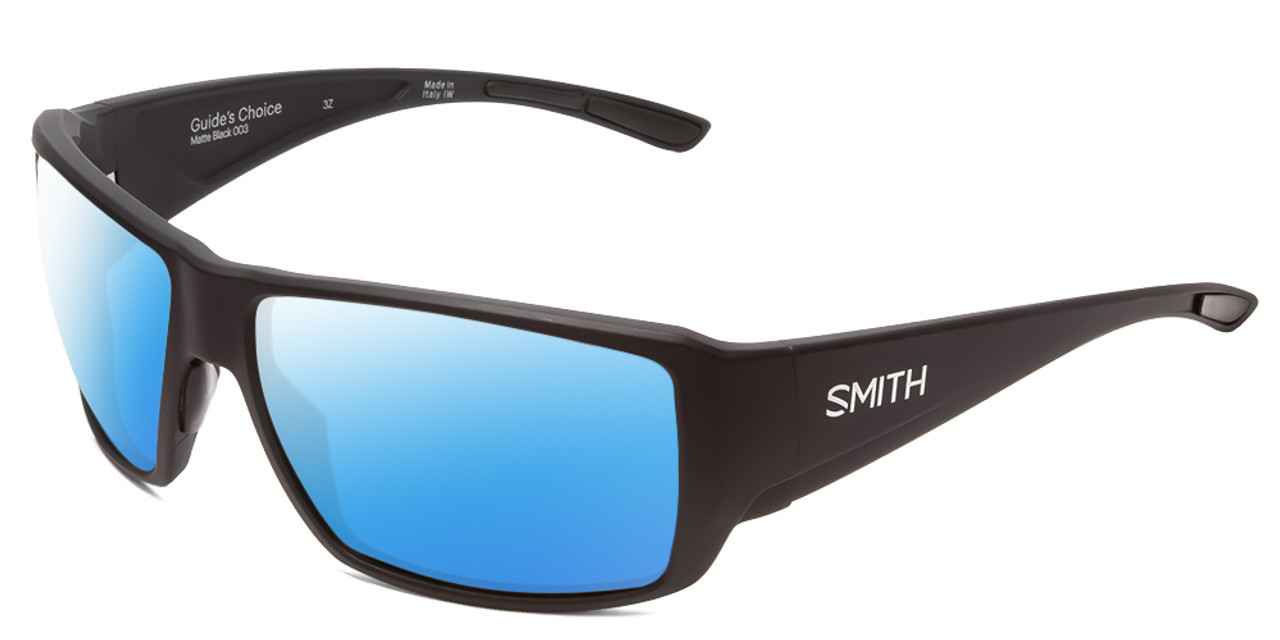 Profile View of Smith Optics Guides Choice Designer Polarized Sunglasses with Custom Cut Blue Mirror Lenses in Matte Black Mens Wrap Full Rim Acetate 62 mm