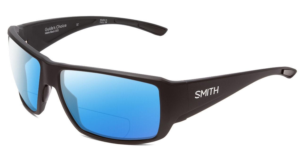 Profile View of Smith Optics Guides Choice Designer Polarized Reading Sunglasses with Custom Cut Powered Blue Mirror Lenses in Matte Black Mens Wrap Full Rim Acetate 62 mm