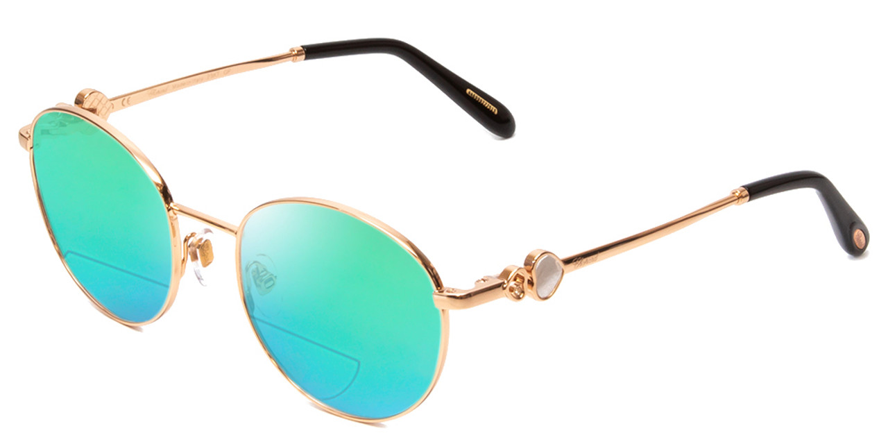 Profile View of Chopard VCHC52S-08FC Designer Polarized Reading Sunglasses with Custom Cut Powered Green Mirror Lenses in Polished Copper Gold Ladies Round Full Rim Metal 51 mm