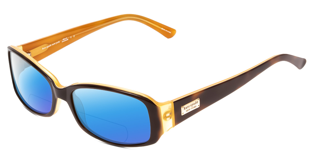 Profile View of Kate Spade Paxton/N/S Designer Polarized Reading Sunglasses with Custom Cut Powered Blue Mirror Lenses in Tortoise Saffron Caramel Ladies Oval Full Rim Acetate 53 mm