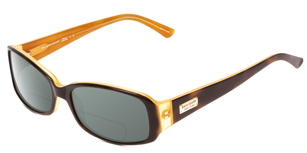 Profile View of Kate Spade Paxton/N/S Designer Polarized Reading Sunglasses with Custom Cut Powered Smoke Grey Lenses in Tortoise Saffron Caramel Ladies Oval Full Rim Acetate 53 mm