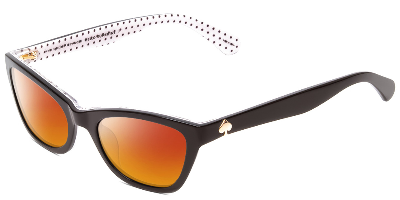 Profile View of Kate Spade Johneta/S Designer Polarized Sunglasses with Custom Cut Red Mirror Lenses in Black White Polka Dot Ladies Cateye Full Rim Acetate 51 mm