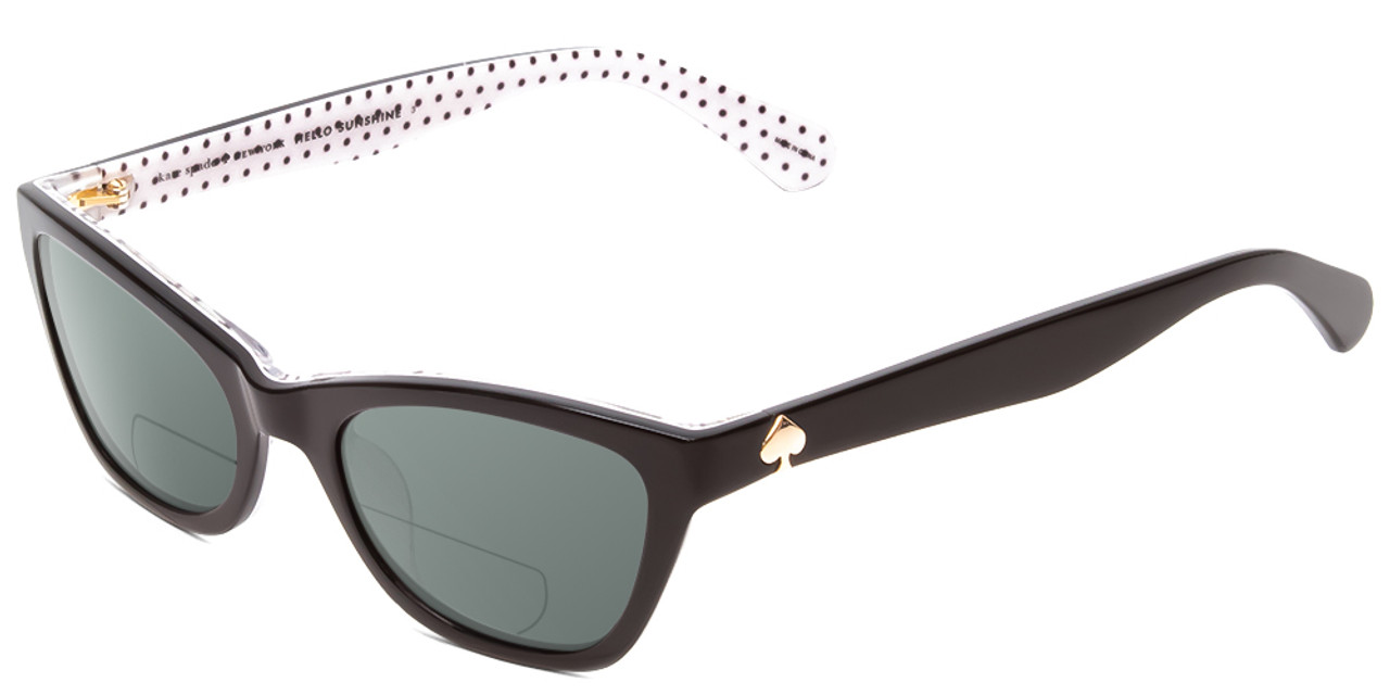 Profile View of Kate Spade Johneta/S Designer Polarized Reading Sunglasses with Custom Cut Powered Smoke Grey Lenses in Black White Polka Dot Ladies Cateye Full Rim Acetate 51 mm