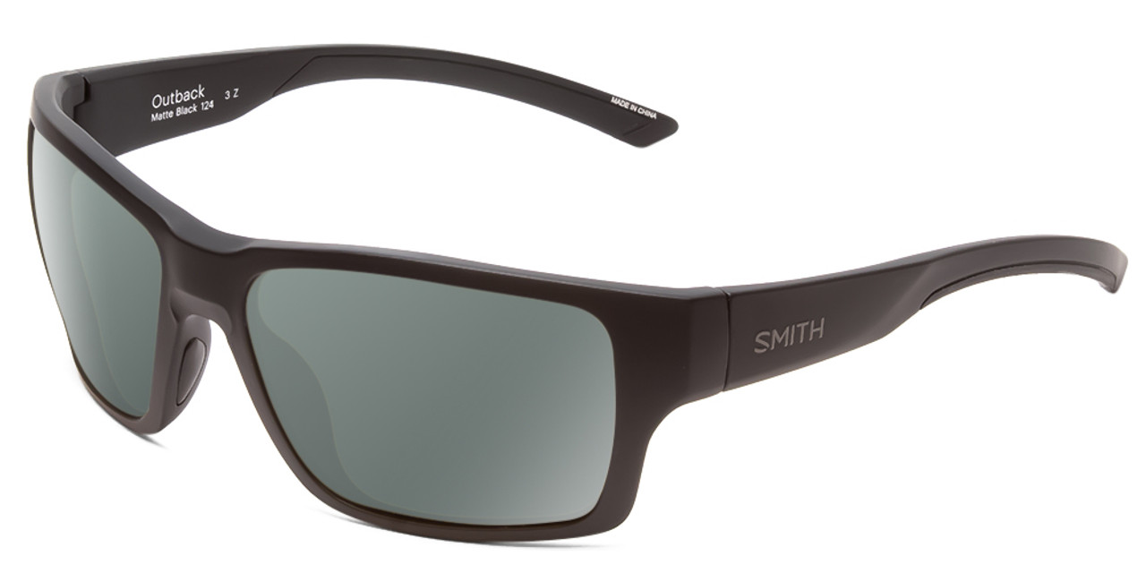 Profile View of Smith Optics Outback Designer Polarized Sunglasses with Custom Cut Smoke Grey Lenses in Matte Black Unisex Square Full Rim Acetate 59 mm