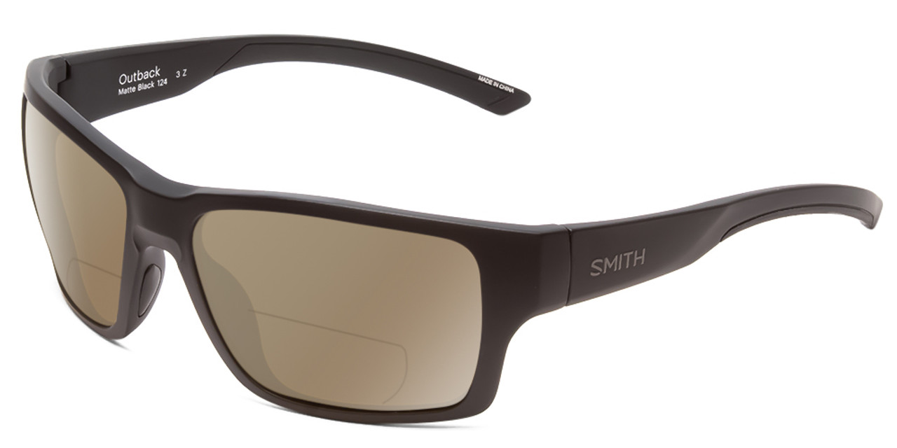 Profile View of Smith Optics Outback Designer Polarized Reading Sunglasses with Custom Cut Powered Amber Brown Lenses in Matte Black Unisex Square Full Rim Acetate 59 mm