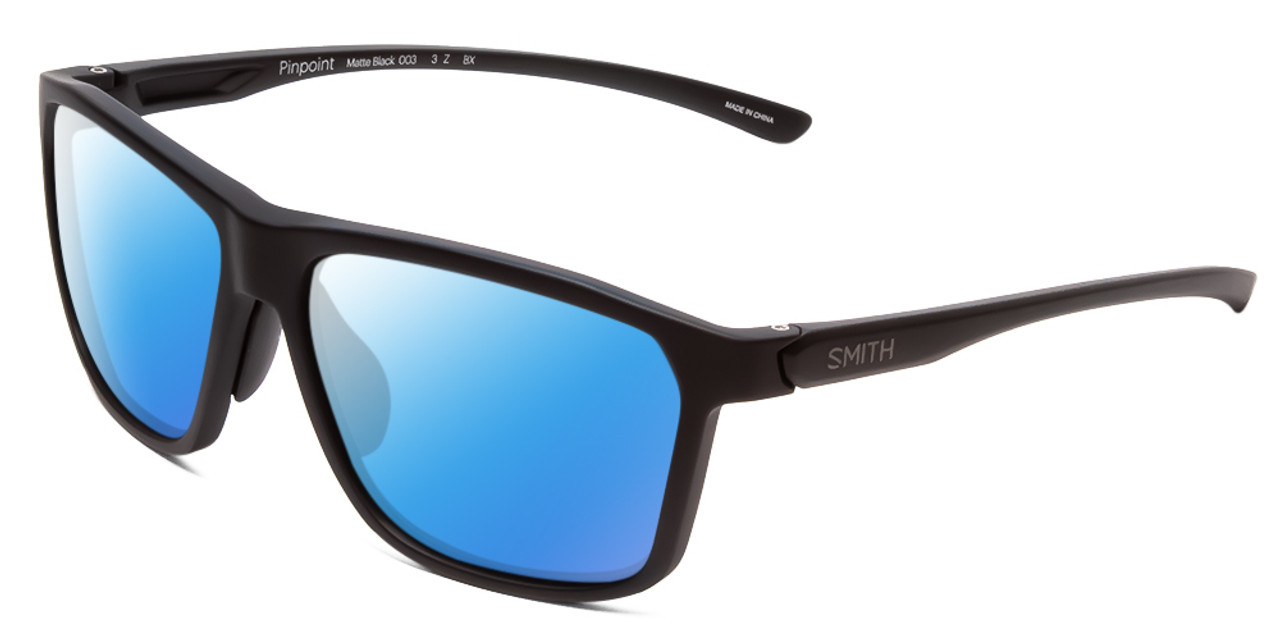 Profile View of Smith Optics Pinpoint Designer Polarized Sunglasses with Custom Cut Blue Mirror Lenses in Matte Black Unisex Square Full Rim Acetate 59 mm
