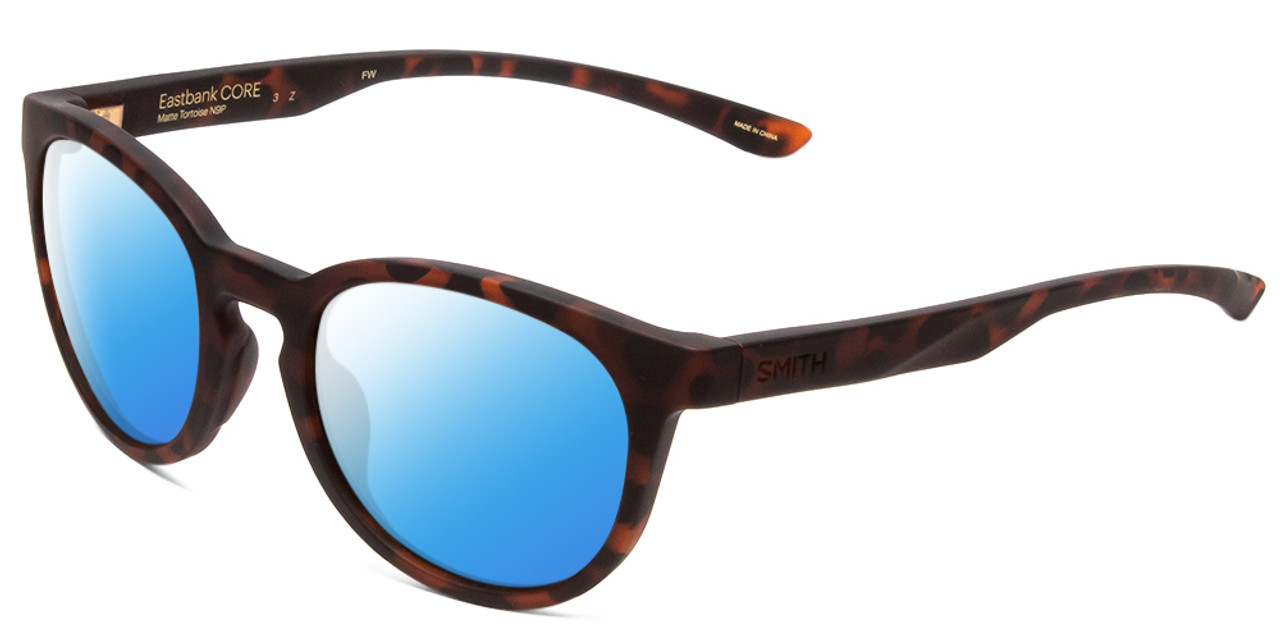 Profile View of Smith Optics Eastbank Designer Polarized Sunglasses with Custom Cut Blue Mirror Lenses in Matte Tortoise Havana Brown Gold Unisex Round Full Rim Acetate 52 mm