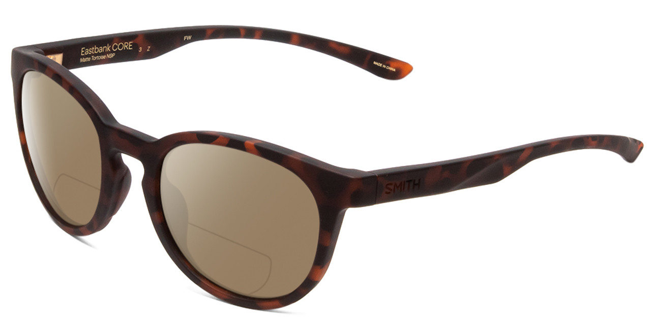 Profile View of Smith Optics Eastbank Designer Polarized Reading Sunglasses with Custom Cut Powered Amber Brown Lenses in Matte Tortoise Havana Brown Gold Unisex Round Full Rim Acetate 52 mm