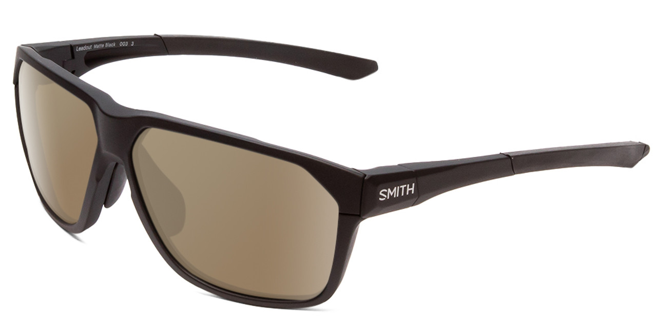 Profile View of Smith Optics Leadout Designer Polarized Sunglasses with Custom Cut Amber Brown Lenses in Matte Black Unisex Square Full Rim Acetate 63 mm
