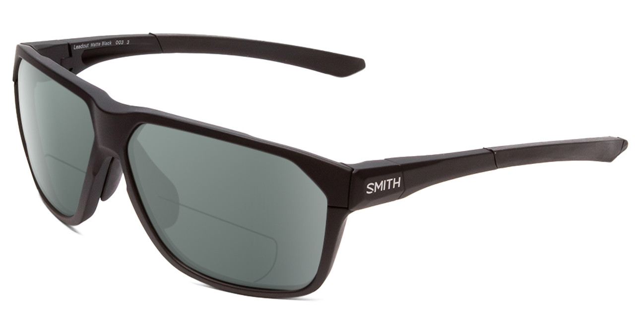 Profile View of Smith Optics Leadout Designer Polarized Reading Sunglasses with Custom Cut Powered Smoke Grey Lenses in Matte Black Unisex Square Full Rim Acetate 63 mm