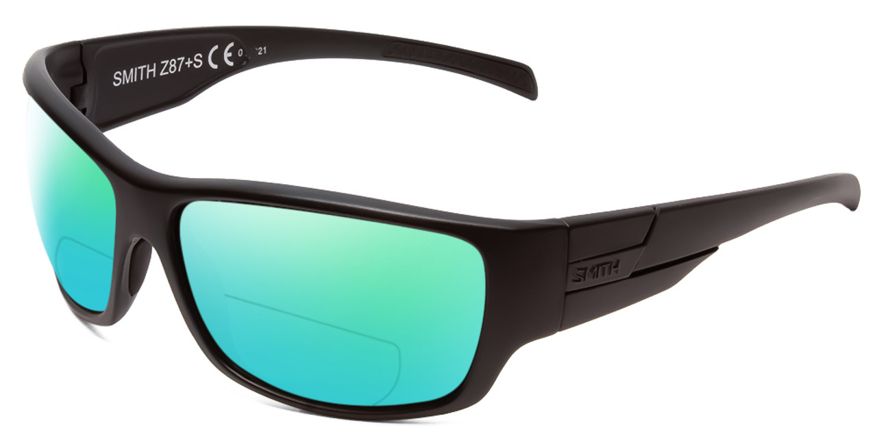 Profile View of Smith Optics Frontman Designer Polarized Reading Sunglasses with Custom Cut Powered Green Mirror Lenses in Black Unisex Wrap Full Rim Acetate 42 mm