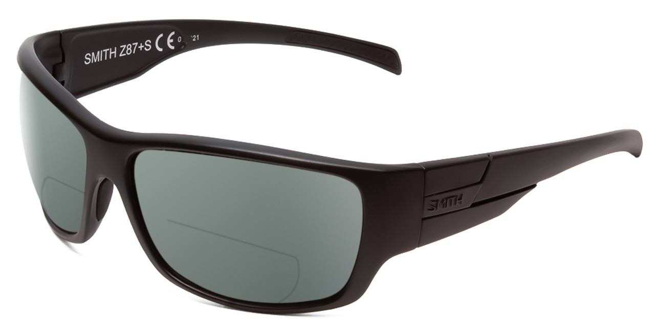 Profile View of Smith Optics Frontman Designer Polarized Reading Sunglasses with Custom Cut Powered Smoke Grey Lenses in Black Unisex Wrap Full Rim Acetate 42 mm