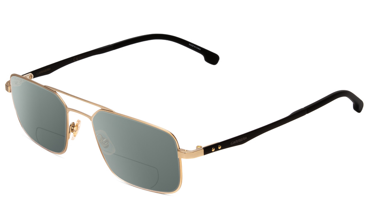 Profile View of Carrera 8845-A0Z Designer Polarized Reading Sunglasses with Custom Cut Powered Smoke Grey Lenses in Matte Gold Carbon Fiber Unisex Pilot Full Rim Metal 53 mm
