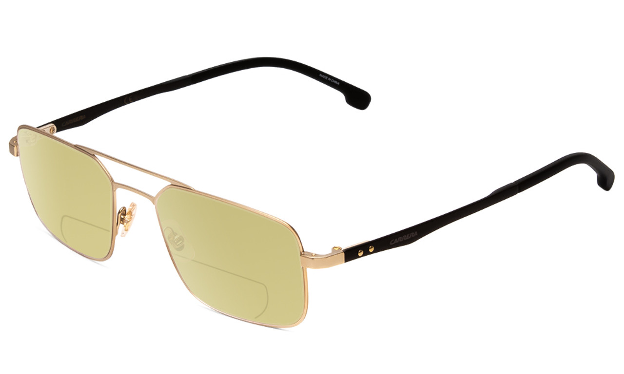 Profile View of Carrera 8845-A0Z Designer Polarized Reading Sunglasses with Custom Cut Powered Sun Flower Yellow Lenses in Matte Gold Carbon Fiber Unisex Pilot Full Rim Metal 53 mm