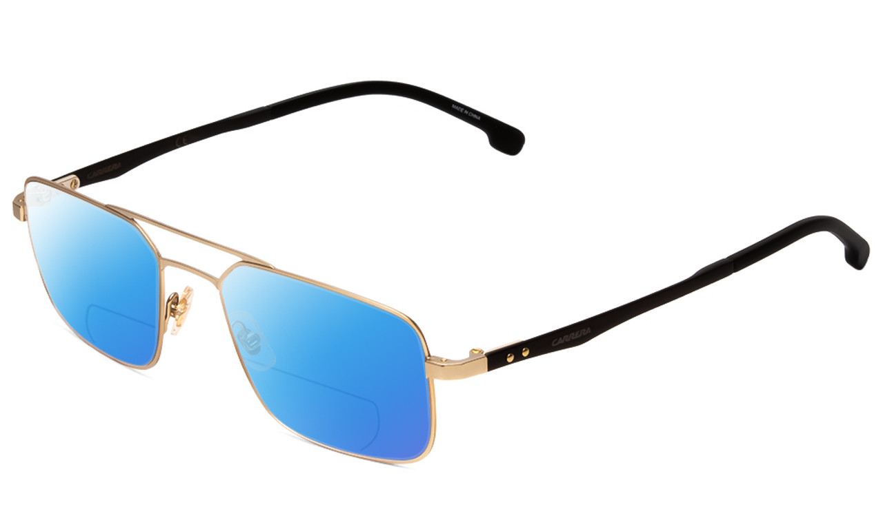 Profile View of Carrera 8845-A0Z Designer Polarized Reading Sunglasses with Custom Cut Powered Blue Mirror Lenses in Matte Gold Carbon Fiber Unisex Pilot Full Rim Metal 53 mm