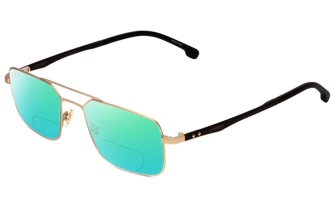 Profile View of Carrera 8845-A0Z Designer Polarized Reading Sunglasses with Custom Cut Powered Green Mirror Lenses in Matte Gold Carbon Fiber Unisex Pilot Full Rim Metal 53 mm