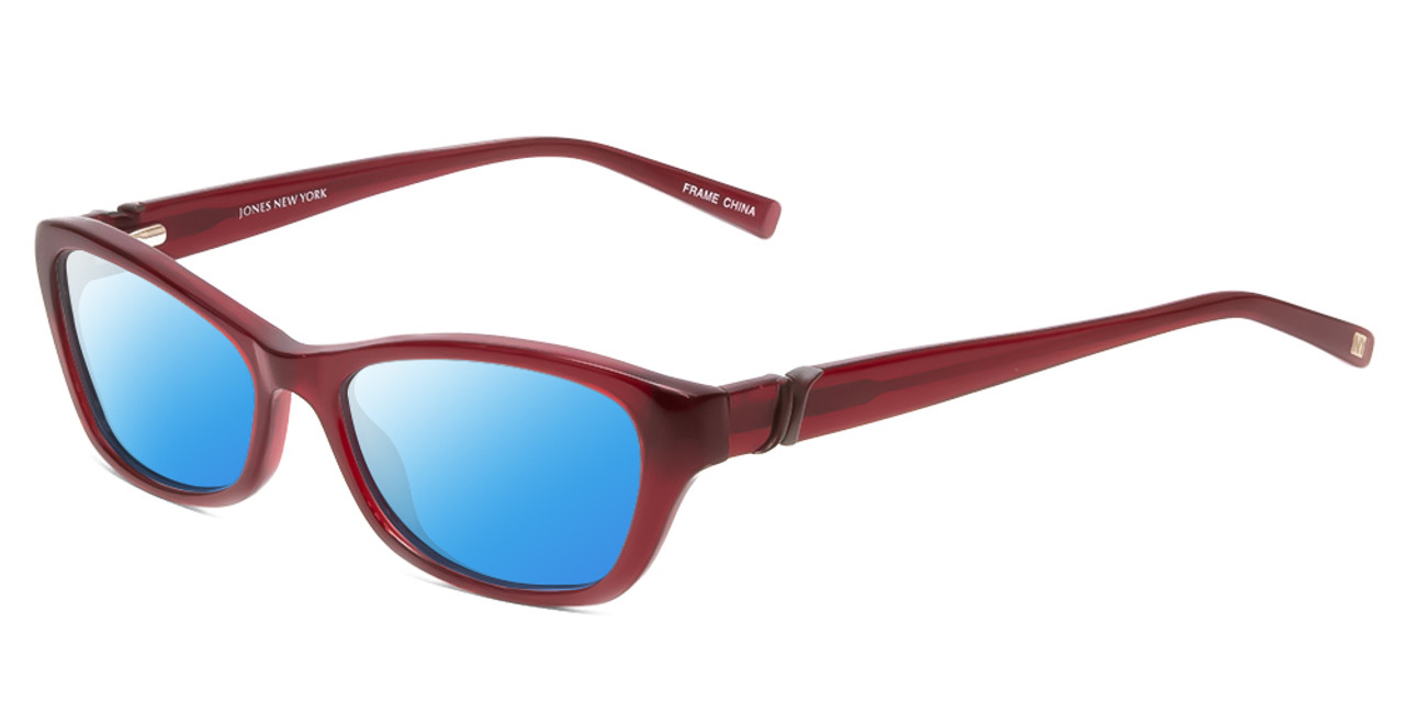 Profile View of Jones New York J226 Designer Polarized Sunglasses with Custom Cut Blue Mirror Lenses in Burgundy Crystal Red Unisex Cateye Full Rim Acetate 50 mm