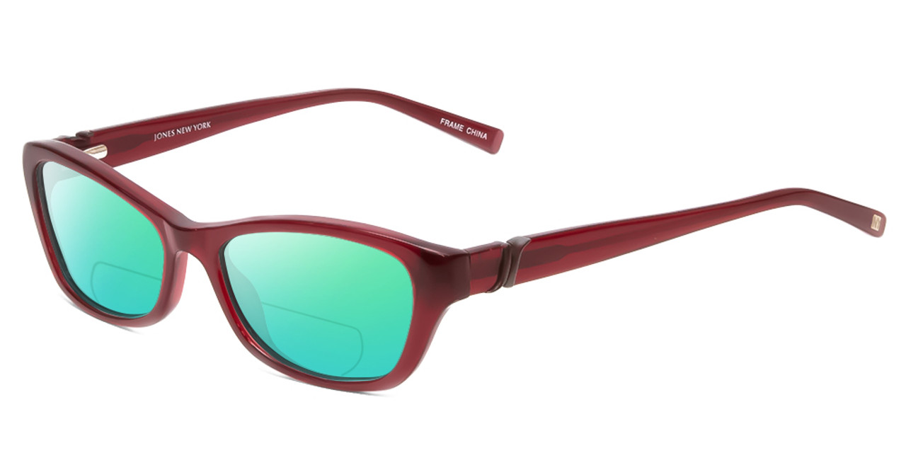 Profile View of Jones New York J226 Designer Polarized Reading Sunglasses with Custom Cut Powered Green Mirror Lenses in Burgundy Crystal Red Unisex Cateye Full Rim Acetate 50 mm