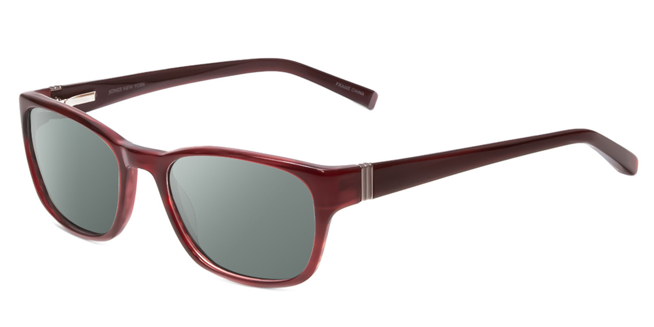 Profile View of Jones New York J748 Designer Polarized Sunglasses with Custom Cut Smoke Grey Lenses in Ruby Crystal Red Silver Unisex Oval Full Rim Acetate 51 mm