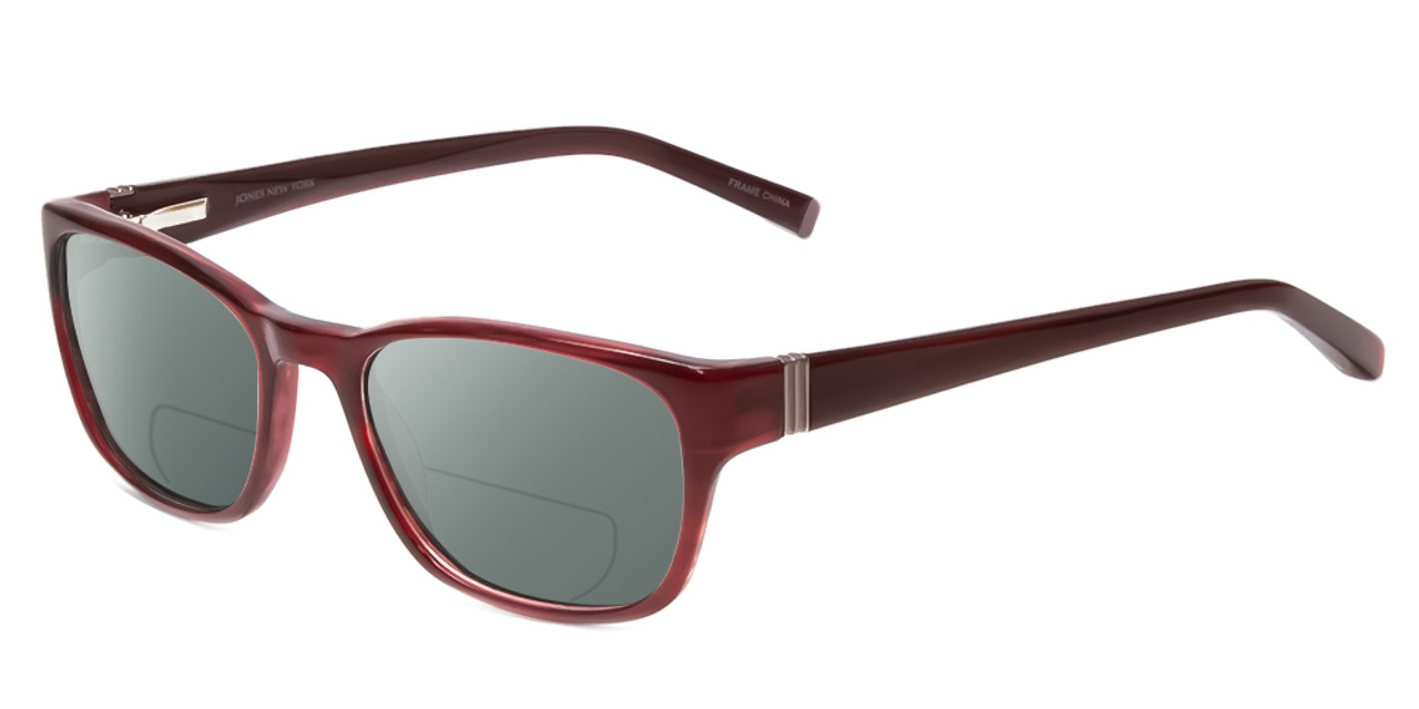 Profile View of Jones New York J748 Designer Polarized Reading Sunglasses with Custom Cut Powered Smoke Grey Lenses in Ruby Crystal Red Silver Unisex Oval Full Rim Acetate 51 mm