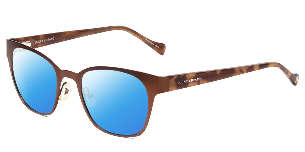 Profile View of Lucky Brand D106 Designer Polarized Sunglasses with Custom Cut Blue Mirror Lenses in Brown Satin Tortoise Havana Brown Gold Ladies Classic Full Rim Metal 49 mm