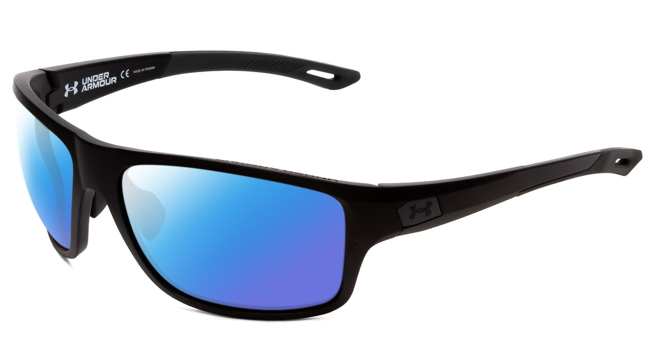 Profile View of Under Armour Battle Designer Polarized Sunglasses with Custom Cut Blue Mirror Lenses in Matte Black Mens Wrap Full Rim Acetate 65 mm