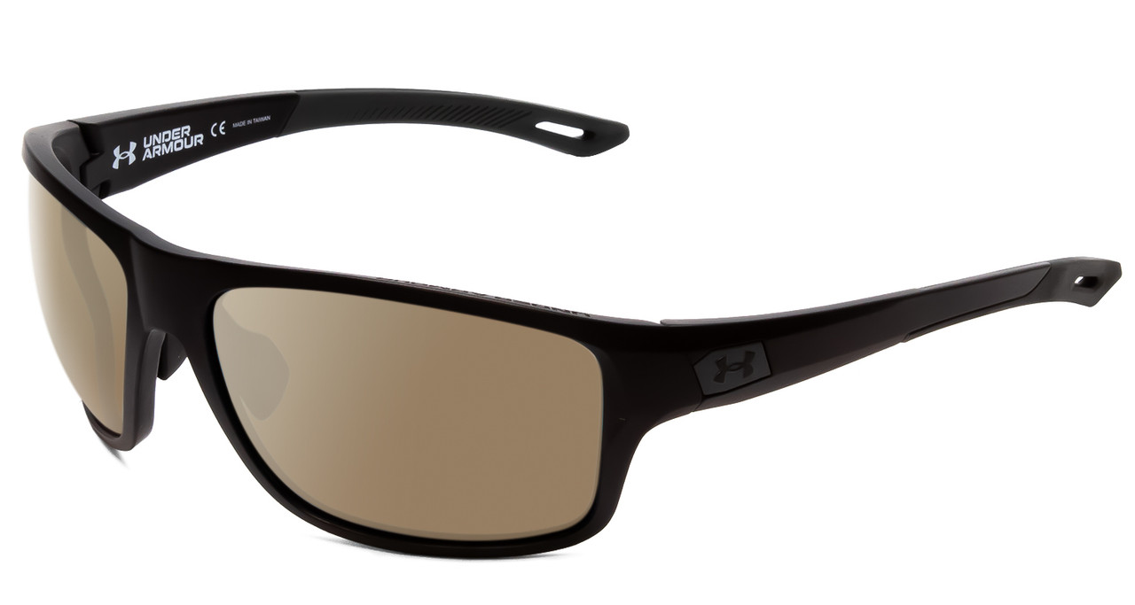 Profile View of Under Armour Battle Designer Polarized Sunglasses with Custom Cut Amber Brown Lenses in Matte Black Mens Wrap Full Rim Acetate 65 mm