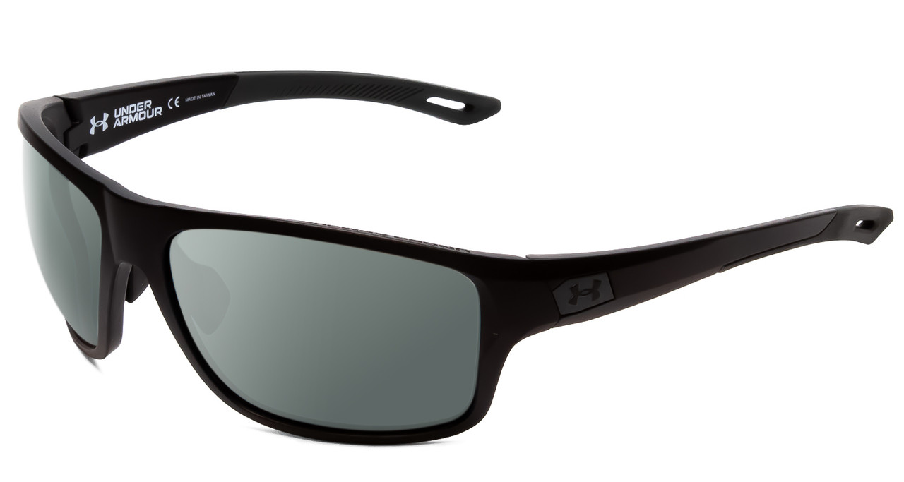 Profile View of Under Armour Battle Designer Polarized Sunglasses with Custom Cut Smoke Grey Lenses in Matte Black Mens Wrap Full Rim Acetate 65 mm